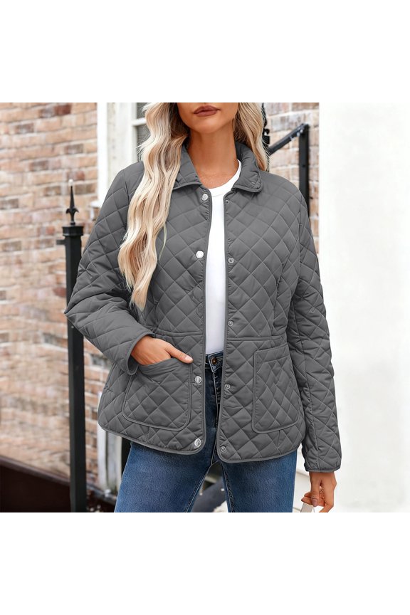 Women's Chic Color Block Jacket - Loose Round Neck Long Sleeve, Warm Cotton Blend Casual Jacket for Daily & Weekend Outings Gray M