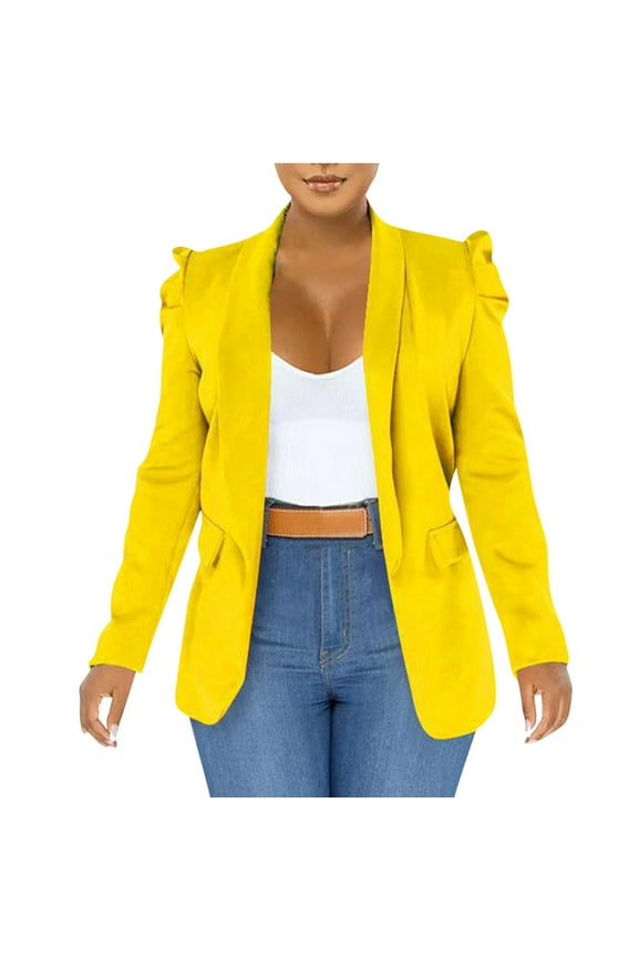 Women's Chic Lapel Collar Solid Color Button Business Work Office Blazer Suit Jacket Long Sleeve Top Suit Coat Yellow XXXL