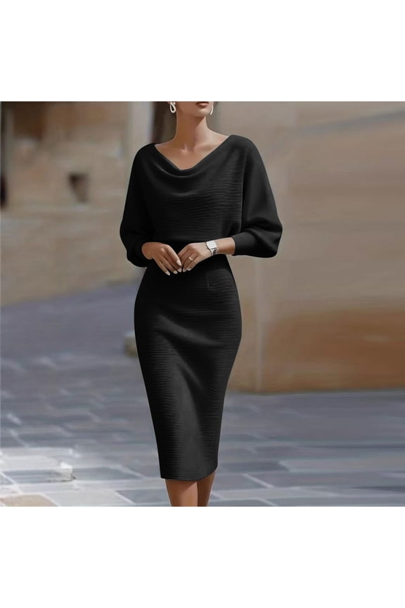 Women's Chic Midi Bodycon Dress Cowl Neck Three Quarter Sleeve Textured Fabric Slim Fit Pencil Dress For Formal Evening Wedding Guest Party Date Night Wear