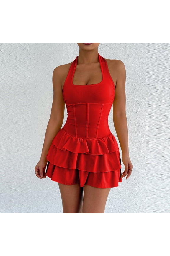 Women's Chic Mini Tiered Dress Halter Neck Square Collar Sleeveless Ruffle Hem Fit and Flare Short Party Dress Corset Style Waist Cocktail Club Night Out Wear