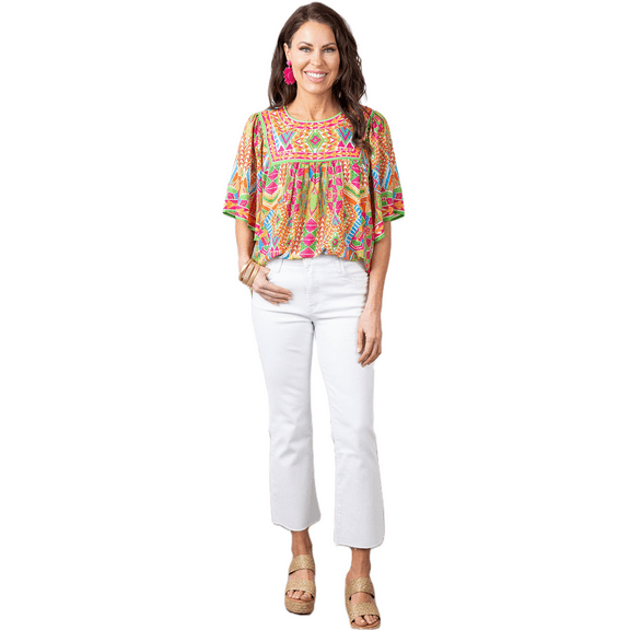 Women's Chic Orange Geometric Print Bell Sleeve Babydoll Blouse - [ZhiHiMeRi] | (US 4-6)S