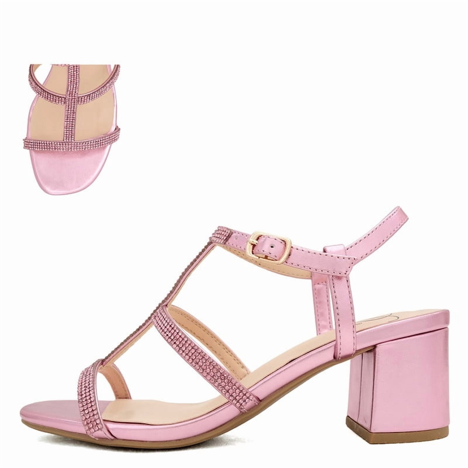 Women’s Chic Pink Metallic Rhinestones Block Heel Sandals