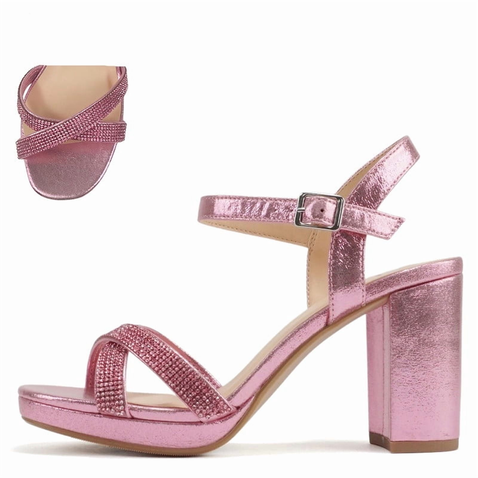 Women’s Chic Pink Metallic Rhinestones Evening Block Heel Sandals