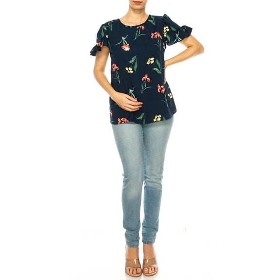 Women's Chic Ruffle Sleeve Blouse – Round Neck, Solid and Print Styles