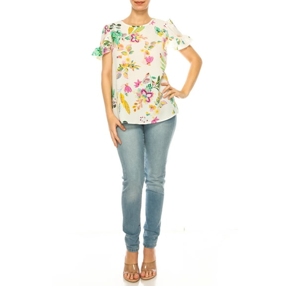 Women's Chic Ruffle Sleeve Blouse – Round Neck, Solid and Print Styles