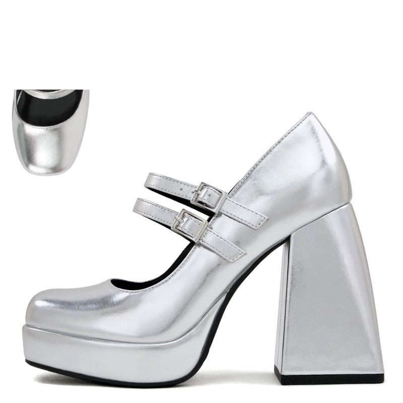 Women’s Chic Silver Mary Jane Platform Chunky Heels