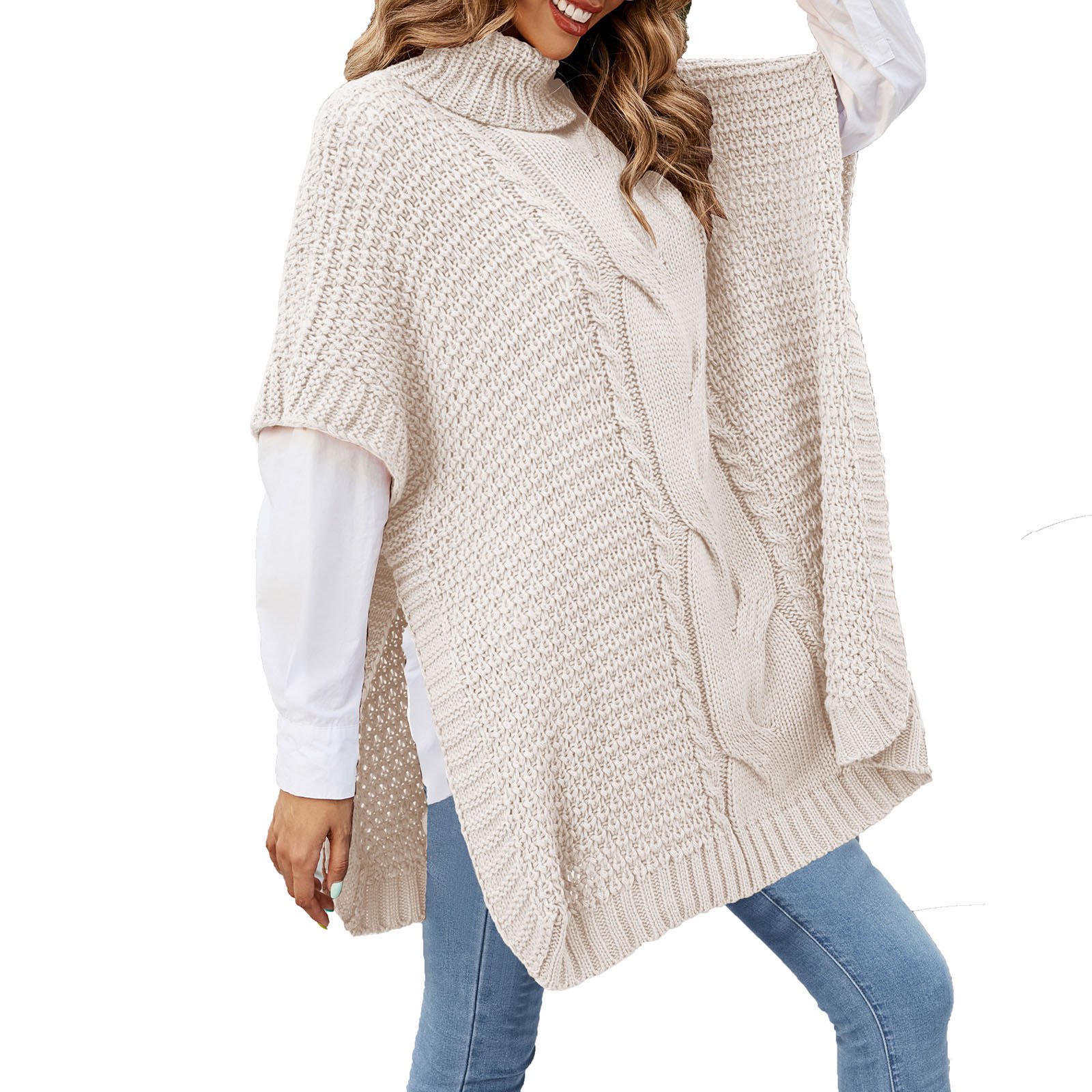 Women's Chic Turtleneck Poncho Sweater Casual Loose Batwing Sleeveless Side  Slit Knit Cape Wrap Pullover Fall Fashion Solid Color Shawl Tops -  Walmart.com
