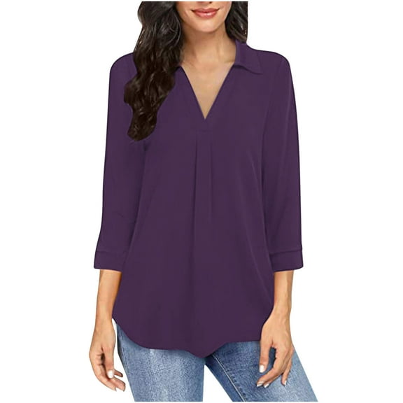 Women's Chiffon 3/4 Cuffed Sleeve Blouse Work Chiffon Casual V Neck Tops Shirt Office