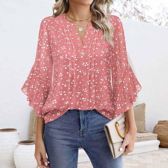 Women's Chiffon Blouse - 3/4 Sleeve V-Neck Business Casual Top with Ruffle Cuffs, Wrinkle-Resistant Office Shirt for Women Pink S-2XL