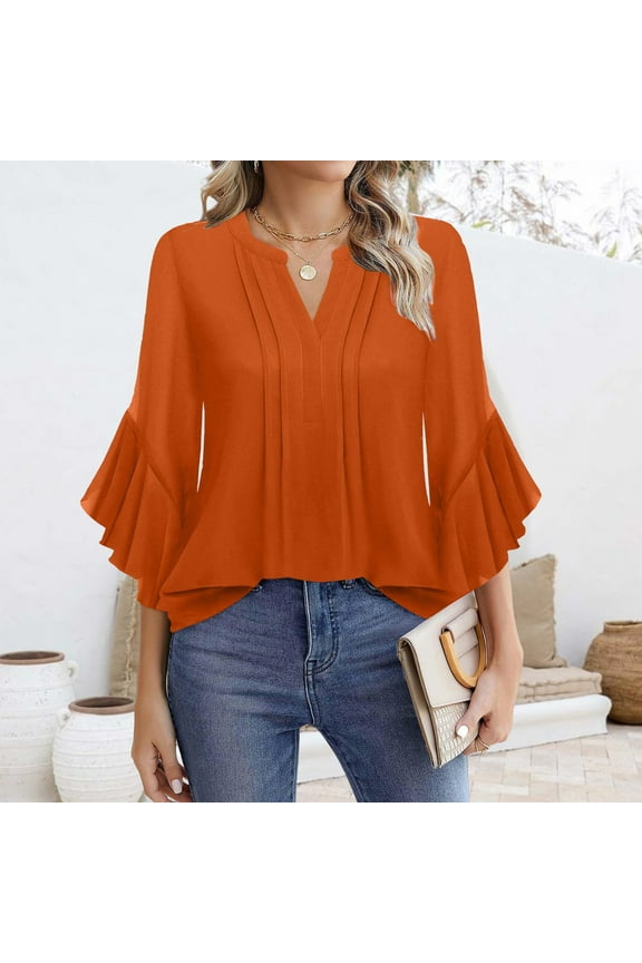 Women's Chiffon Blouse - 3/4 Sleeve V-Neck Business Casual Top with Ruffle Cuffs, Wrinkle-Resistant Office Shirt for Women Red2 S-2XL