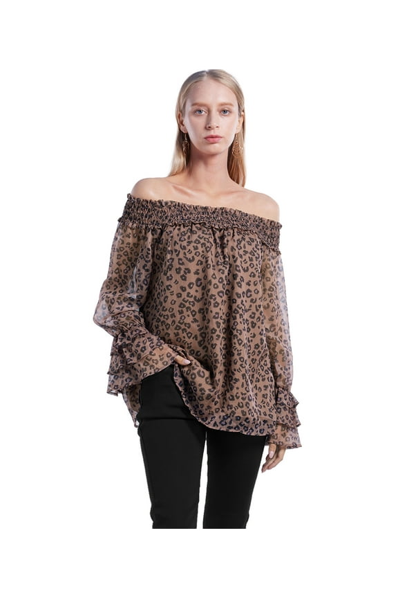 Women's Chiffon Blouses Leopard Print Ruffle Loose Shirts Summer Long Sleeve Casual Off Shoulder Tops,Black S-2XL