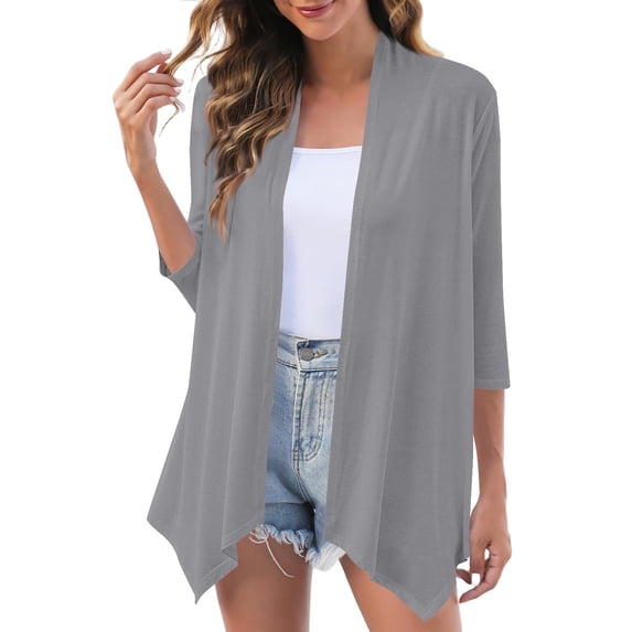 Women's Chiffon Blouses Lightweight Open Front Cardigan 3/4 Sleeve Cover Ups Shrugs Shawls and Wraps Kimono Jacket Coat