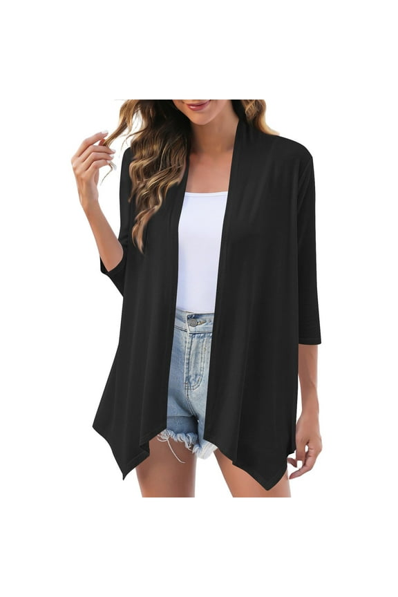 Women's Chiffon Blouses Lightweight Open Front Cardigan 3/4 Sleeve Cover Ups Shrugs Shawls and Wraps Kimono Jacket Coat