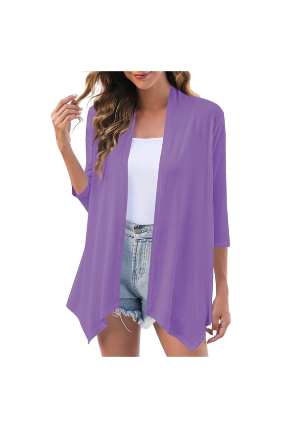 Women's Chiffon Blouses Lightweight Open Front Cardigan 3/4 Sleeve Cover Ups Shrugs Shawls and Wraps Kimono Jacket Coat