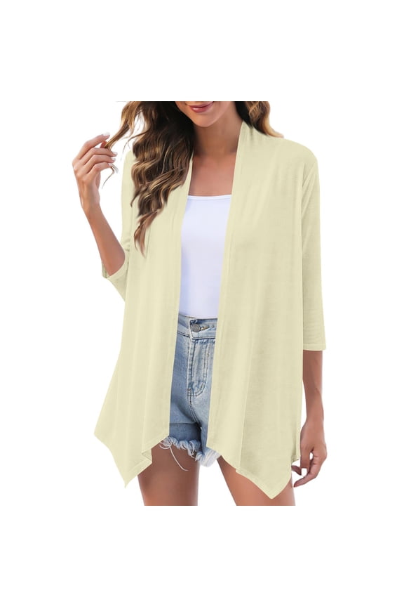 Women's Chiffon Blouses Lightweight Open Front Cardigan 3/4 Sleeve Cover Ups Shrugs Shawls and Wraps Kimono Jacket Coat