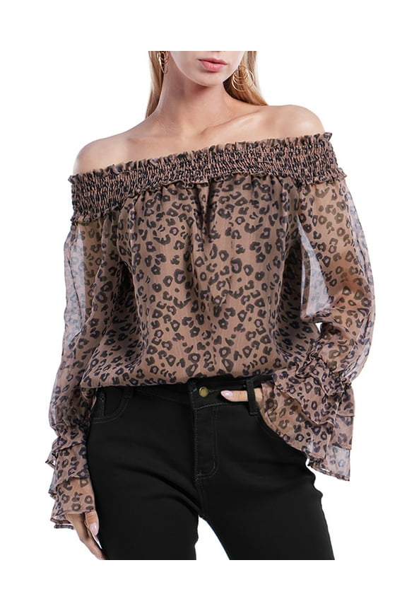 Women's Chiffon Blouses Off Shoulder Casual Long Sleeve Tops Leopard Print Ruffle Loose Shirts LBrown