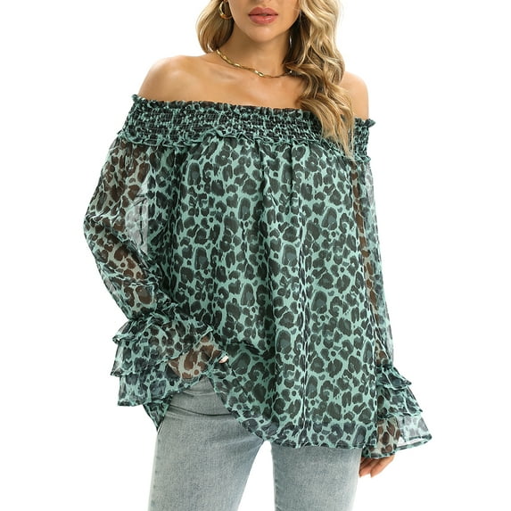 Women's Chiffon Blouses Off Shoulder Casual Long Sleeve Tops Leopard Print Ruffle Loose Shirts LGreen