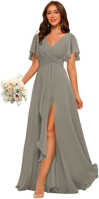 GUKARLEED Women's Chiffon Bridesmaid Dress - Wrap Ruched V-Neck Long Gown With Pockets & Slit 3 thumbnail image