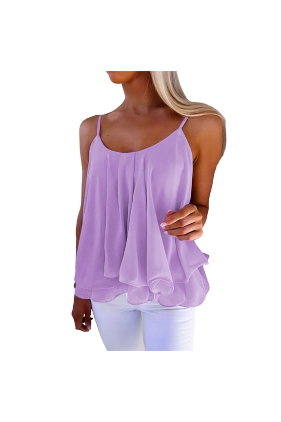 Women's Chiffon Cami Top Spaghetti Strap Pleated Ruffle Hem Sleeveless Shirts Summer Loose Peplum Tops