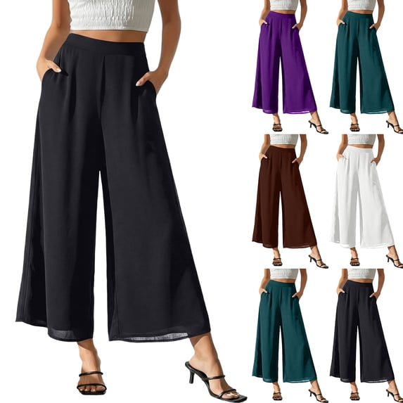 Women's Chiffon Capris Wide Leg Palazzo Pants Flowy Casual Beach Party Dress Trouser Black XL