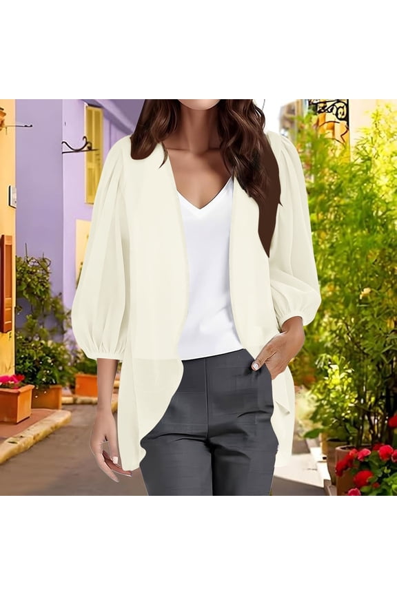 Women's Chiffon Cardigan, Lantern Sleeve Sun Protection Cover Up, Lightweight Open Front Blouse, Sheer Summer Kimono, Beach Cover Up, Breezy Overshirt, Loose Fit Summer Top Beige XL