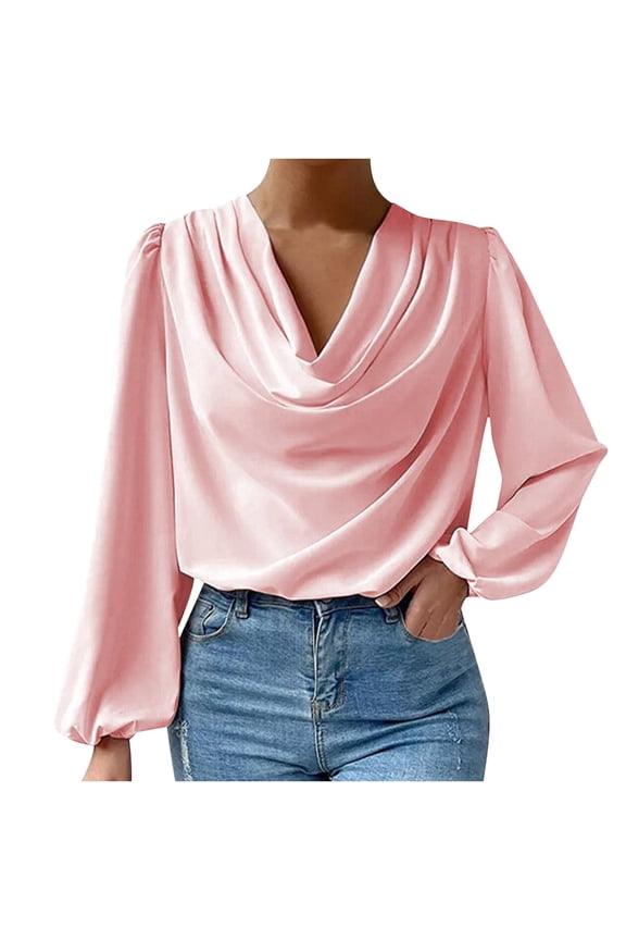Women's Chiffon Cowl Neck Drape Ruched Front Long Sleeve Blouse Shirt Top Party Outfits Work Tops