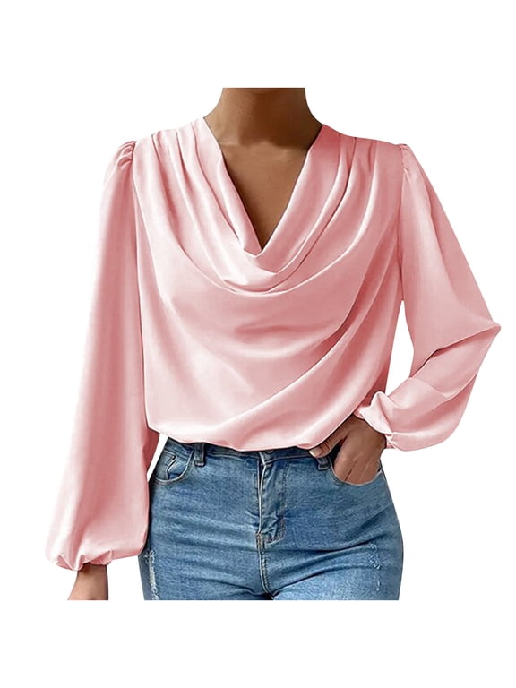 Women's Chiffon Cowl Neck Drape Ruched Front Long Sleeve Blouse Shirt Top Party Outfits Work Tops