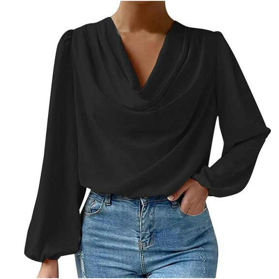 Women's Chiffon Cowl Neck Drape Ruched Front Long Sleeve Blouse Shirt Top Party Outfits Work Tops