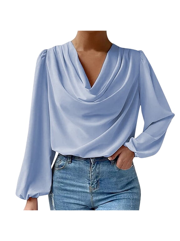 Women's Chiffon Cowl Neck Drape Ruched Front Long Sleeve Blouse Shirt Top Party Outfits Work Tops