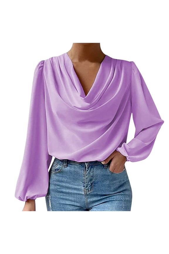 Women's Chiffon Cowl Neck Drape Ruched Front Long Sleeve Blouse Shirt Top Party Outfits Work Tops