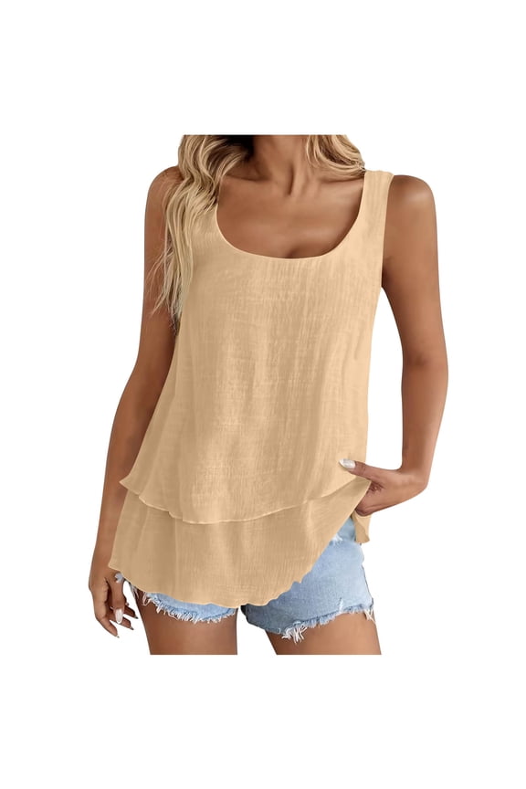 Women's Chiffon Double Layered Tank Tops Summer Sleeveless Round Neck Blouses Shirts Tunic Tops