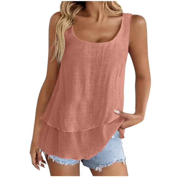 Women's Chiffon Double Layered Tank Tops Summer Sleeveless Round Neck Blouses Shirts Tunic Tops