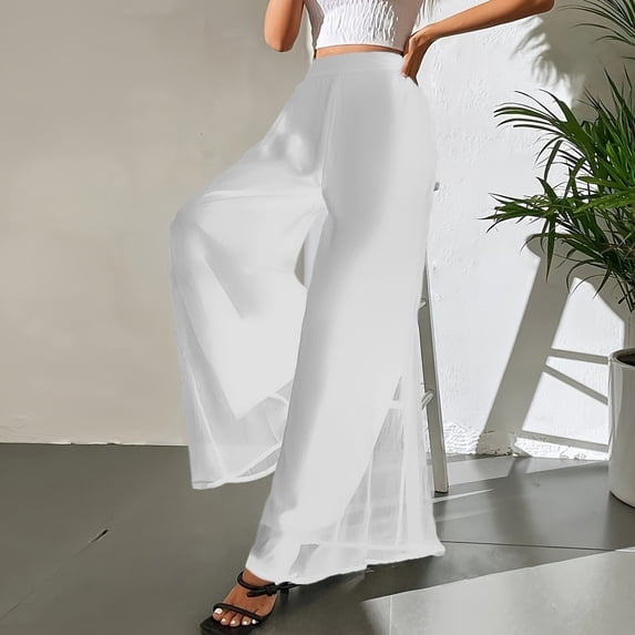 Women's Chiffon Dress Beach Wide Leg Palazzo Pants Elastic Waist Trouser White XL