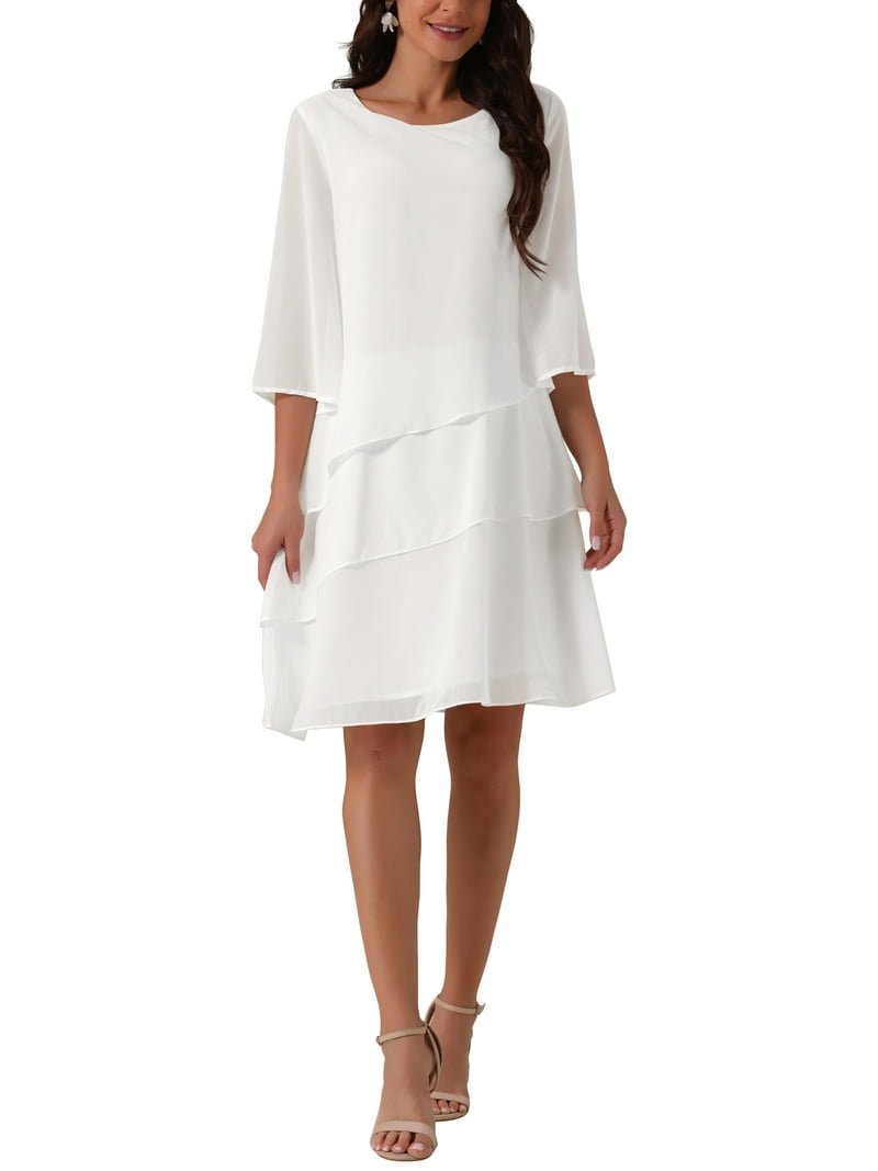 Inspire Chic Women's Chiffon Dress Ruffle Tiered Flowy 3/4 Sleeve A-Line Knee Length Dress S Whites, Size: Small Inspire Chic Women's Chiffon Dress Ruffle Tiered Flowy 3/4 Sleeve A-Line Knee Length Dress S Whites, Size: Small