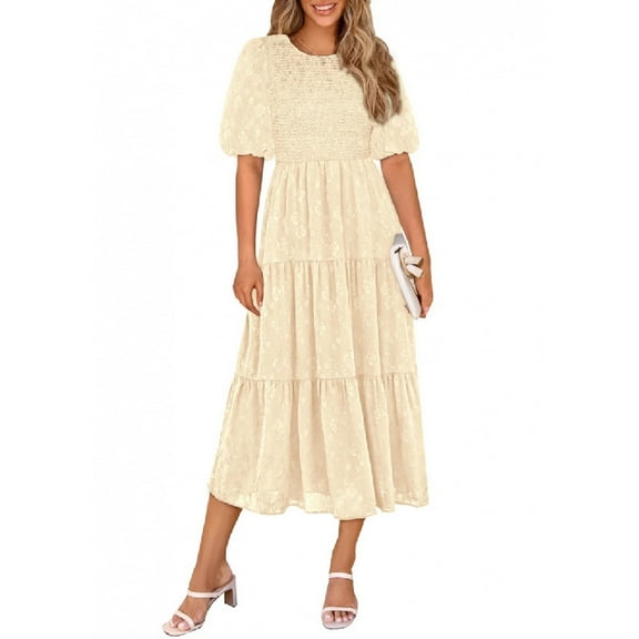 Women's Chiffon Dresses Summer Casual Waist and Ankle Dresses Short Sleeve Round Neck Long One Line Style Dresses