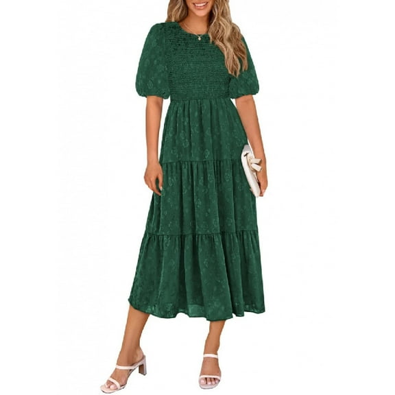 Women's Chiffon Dresses Summer Casual Waist and Ankle Dresses Short Sleeve Round Neck Long One Line Style Dresses