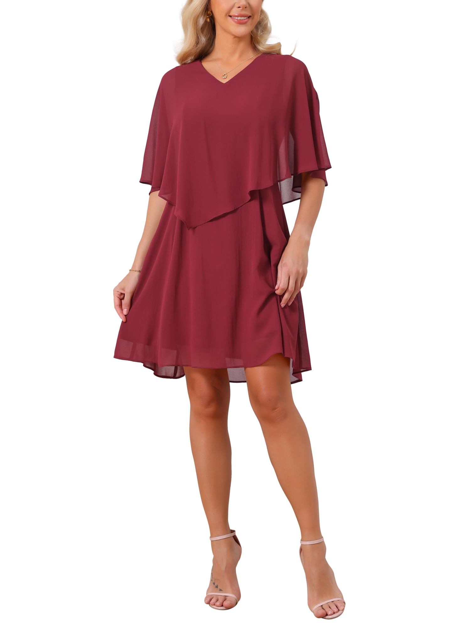 Women's Chiffon Dresses Summer Half Sleeve V Neck Flowy A-Line Wedding ...