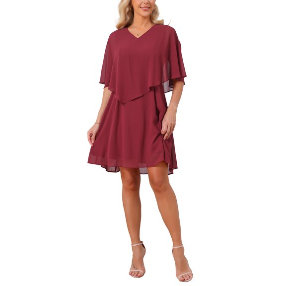 INSPIRE CHIC Women's Halloween Chiffon Dresses Summer Half Sleeve V Neck Flowy A-Line Wedding Guest Party Dress Mother of the Bride Outfits XL Wine Red