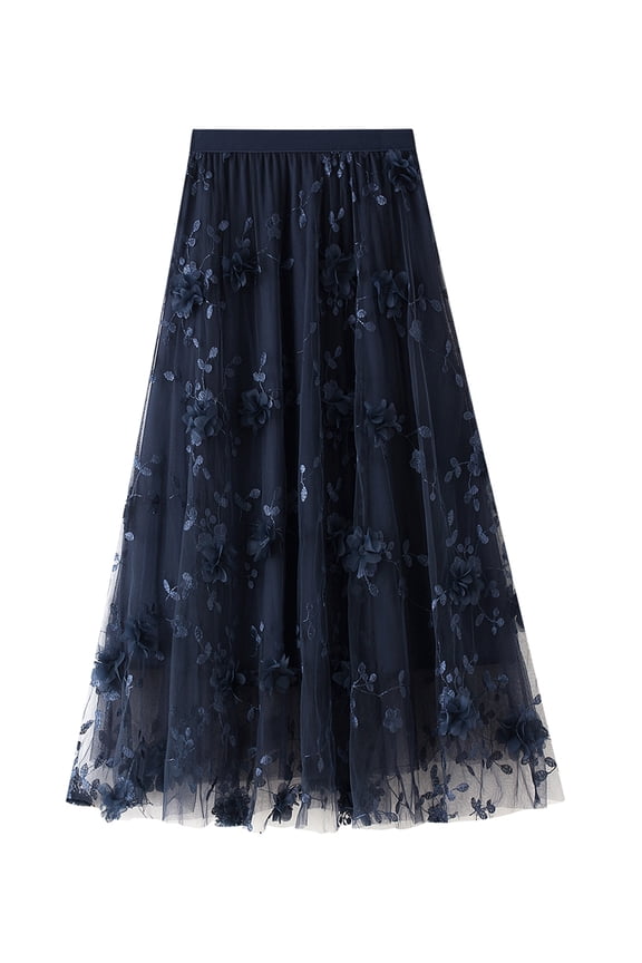 Women's Chiffon Elastic High Waist Pleated A-line Swing Skirt Stylish Flared Maxi Skirts 3D Flower Embroidery