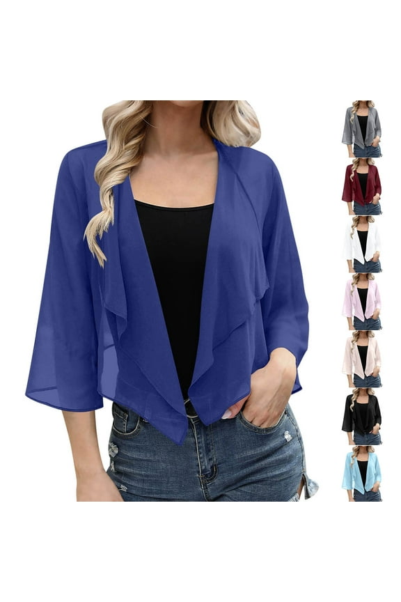 Women's Chiffon Elegant 3/4 Sleeve Breathable Cardigan Hoodie Jacket Outerwear Loose Fit Casual Spring Summer Fashion Gift | CSEONE,Blue L