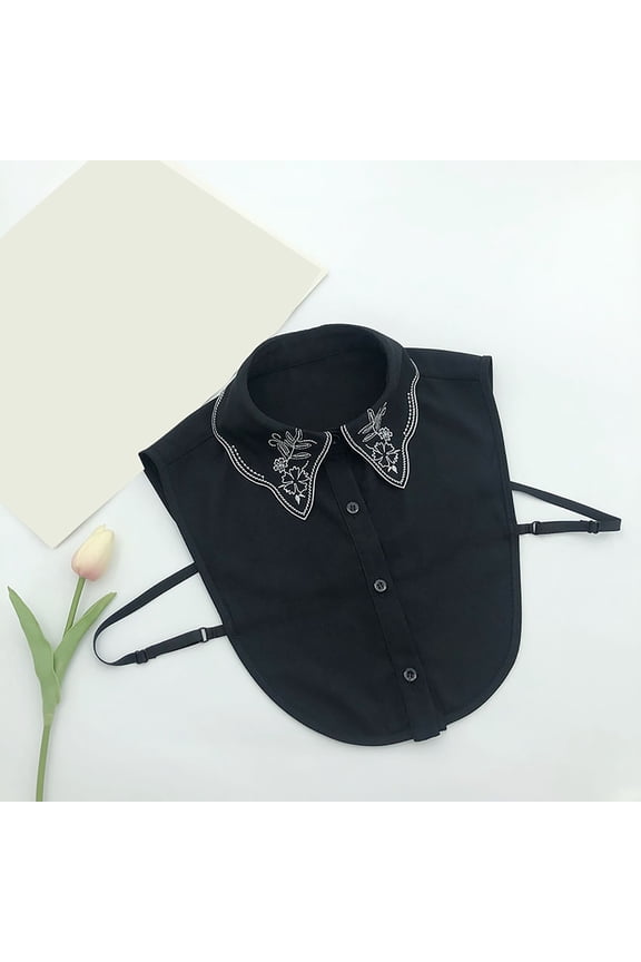 Women's Chiffon Embroidered Detachable Collar, Elegant False Shirt Collar, Adjustable Tie Closure, Lightweight Blouse Accessory, Versatile Layering Piece, Embroidered Neckline - Black