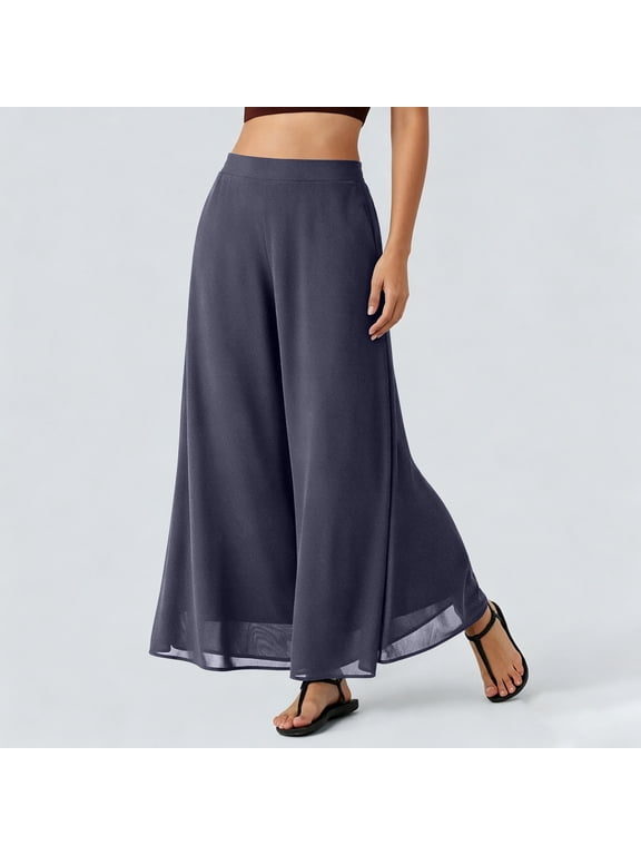 Women's Chiffon Flowy Palazzo Pants High Waisted Wide Leg Beach Vacation Pants Summer Dressy Culottes Gray S