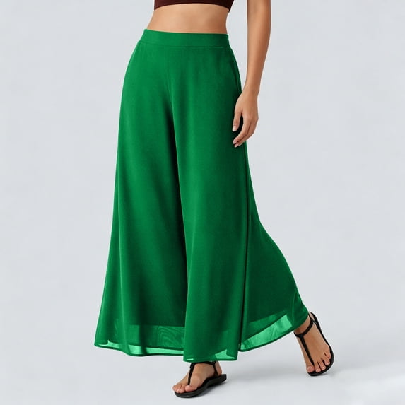 Women's Chiffon Flowy Palazzo Pants High Waisted Wide Leg Beach Vacation Pants Summer Dressy Culottes Green S