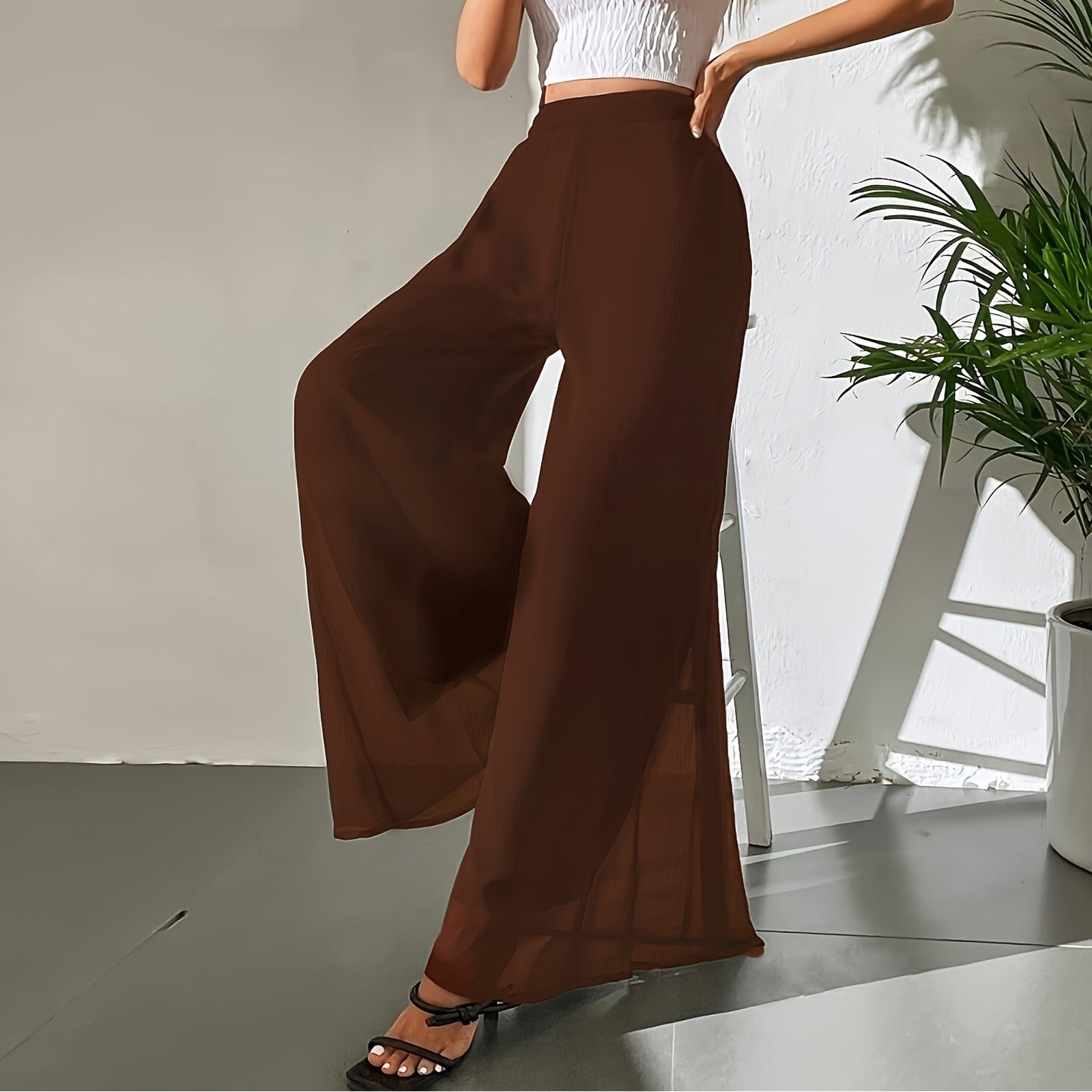 Women's Chiffon Flowy Palazzo Pants High Waisted Wide Leg Beach ...