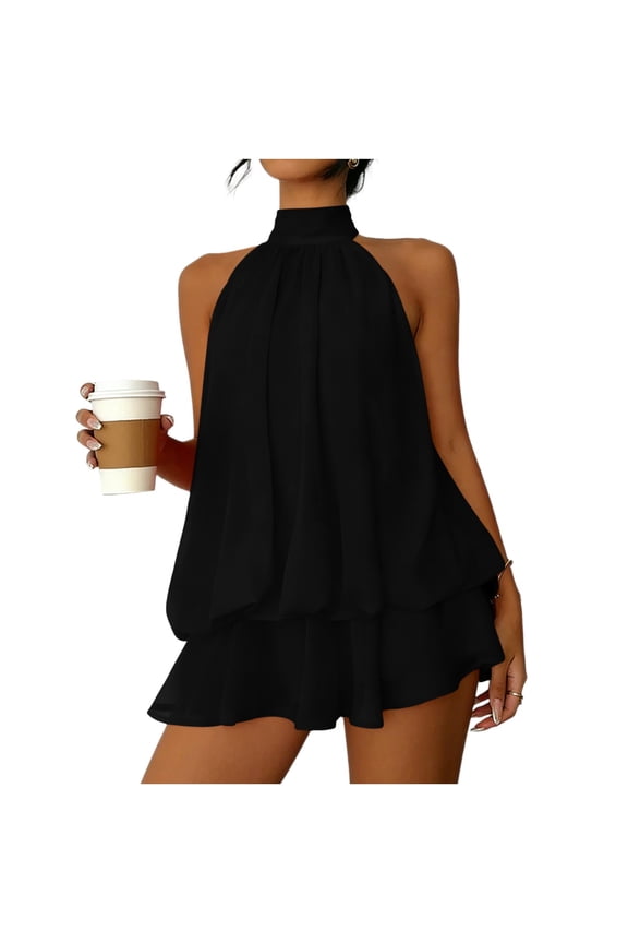 Women's Chiffon Halter Dress Summer Sleeveless Ruffle Hem Bubble Mini Dresses Going Out Wedding Guest Dress