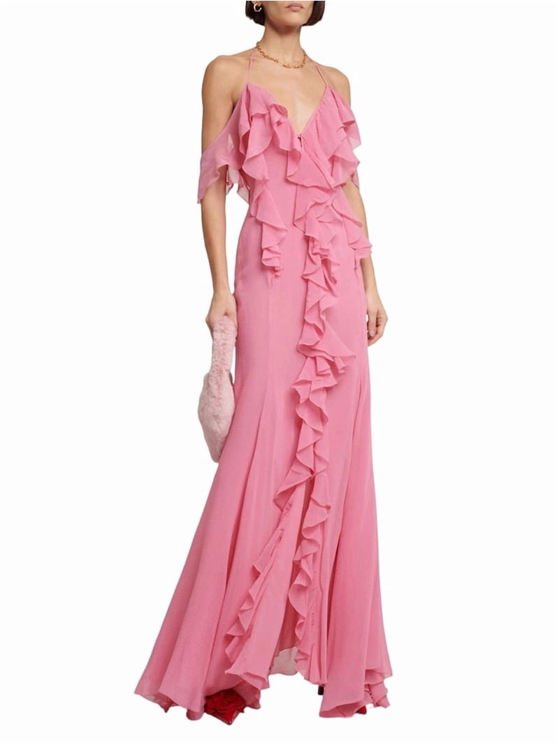 pink chiffon sleeveless ruffle maxi dress Pink Sleeveless V-Neck Floral Chiffon Ruffle Ball Gown