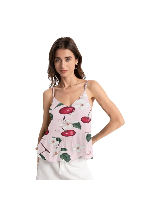 Women's Chiffon Halter Top - Lightweight, Breathable, Adjustable Design for Various Occasions,A Cherry Pattern