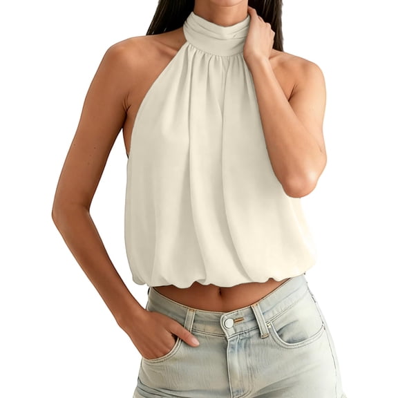 Women's Chiffon High Neck Halter Backless Crop Tank Tops Open Back Bubble Hem Going Out Crop Tops Sleeveless Pleated Casual Summer Mock Neck Vest Lightweight Trendy Crop Cami Shirts Beige L