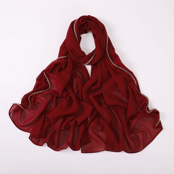 Women's Chiffon Hijab Scarf with Metal Chain Trim - Lightweight Flowy Headwrap for Muslim Women, Modest Fashion Shawl for Daily & Formal Wear - Red