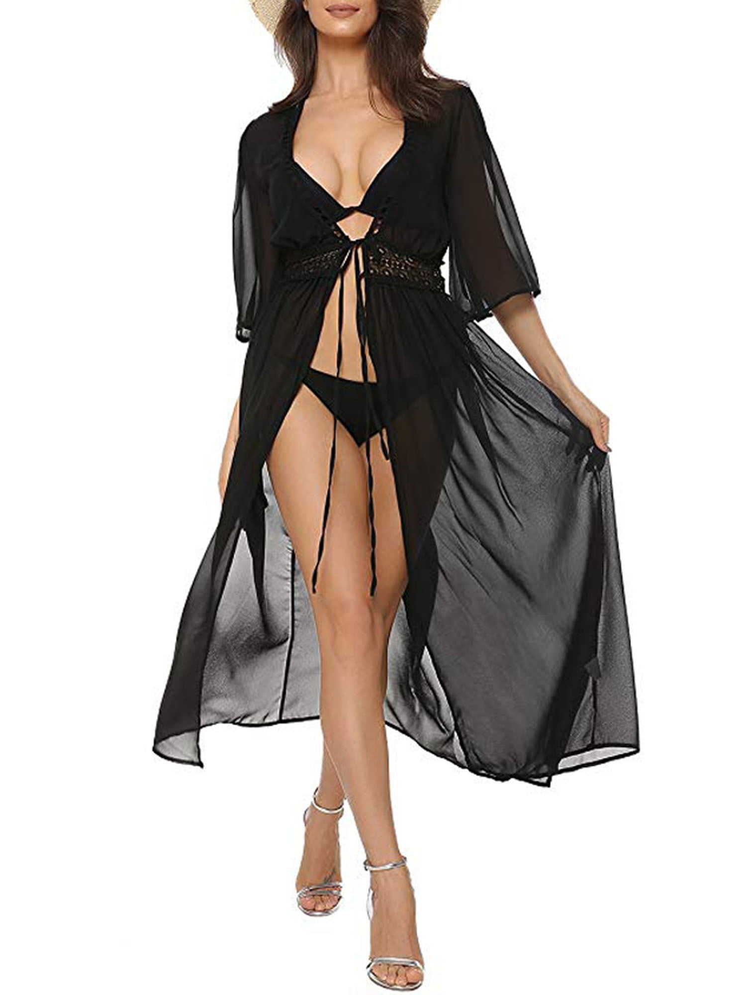 Women's Chiffon Kimono Cardigan Lace Long Maxi Dress Beach Dress Swimsuit  Beach Poncho Bikini Cover Up
